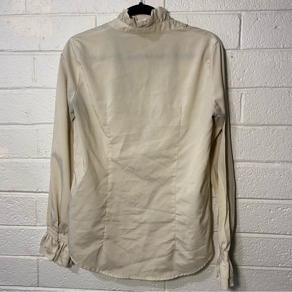Ruffle Neck Vintage Style Blouse Cream Ivory Ruffly Wrist Button Down Up sm flaw - Picture 8 of 12